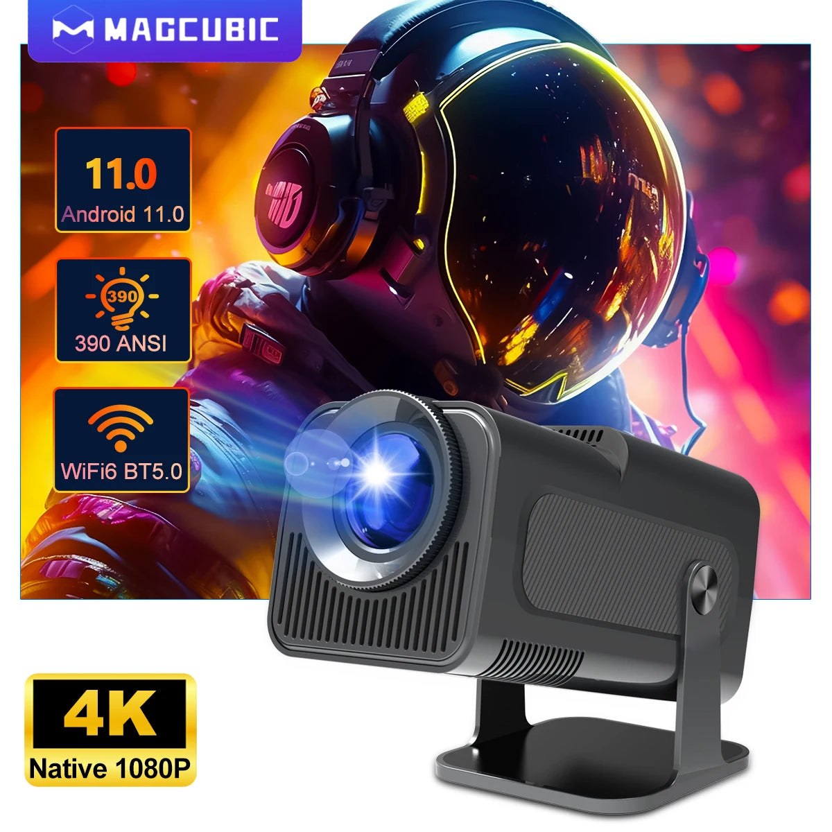 4K Android 11 Portable Projector - Native 1080P, 390 ANSI Lumens, Dual WiFi 6, Bluetooth 5.0, Upgraded Model HY300
